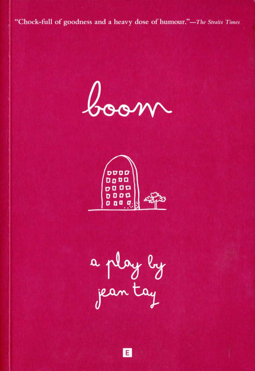 A purple book cover with the word 'Boom' in lowercase white cursive font. Under the word 'Boom' is a gravestone with several white squares, resembling an apartment building.