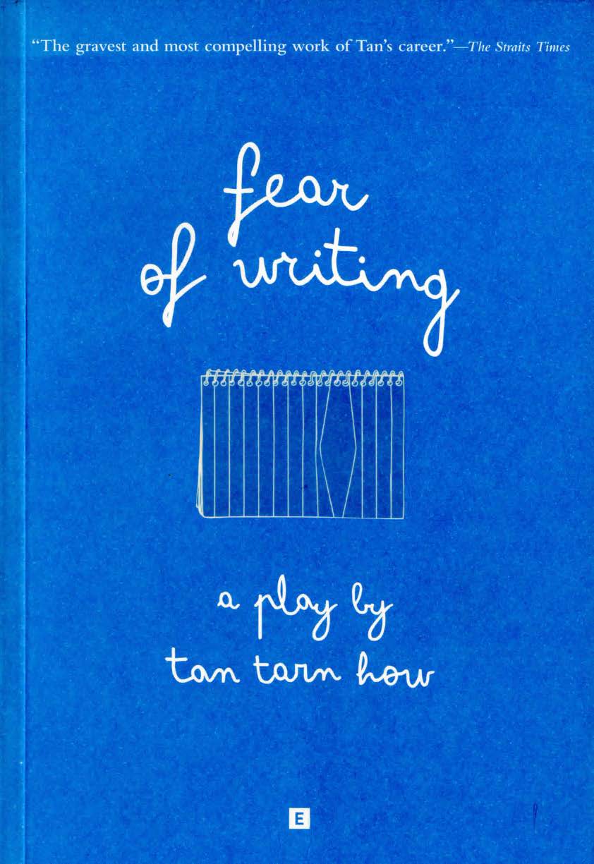 A blue book cover with the words 'Fear of Writing' in lowercase cursive writing in white font. Below 'Fear of Writing' is a sketch of a spiral-bound notebook with a lined cover on its side.