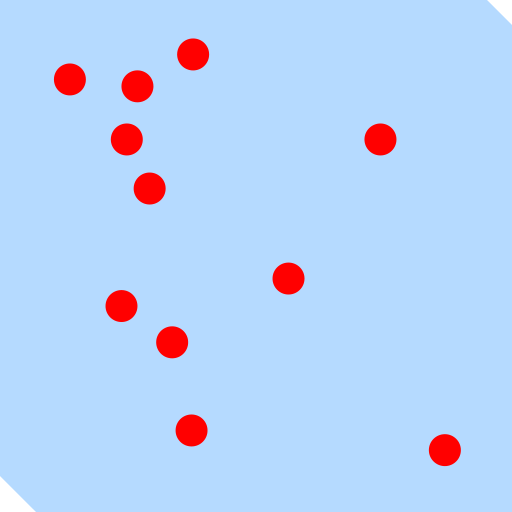 A pale blue square with the top right corner and bottom left corner slightly cropped. There are eleven red dots scattered around the square.