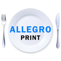 A white plate with a silver fork and knife on either side of the plate. The words 'Allegro Print' on top of the plate.