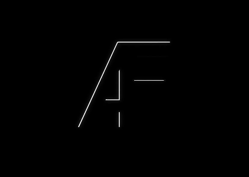 The thin white outline of the letters AF over a black background. 