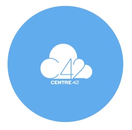 A pale blue circle with a white cloud in its middle. The cloud is formed by the letter C and the numbers 4 and 2. Under the cloud is the phrase CENTRE 42 in white font.