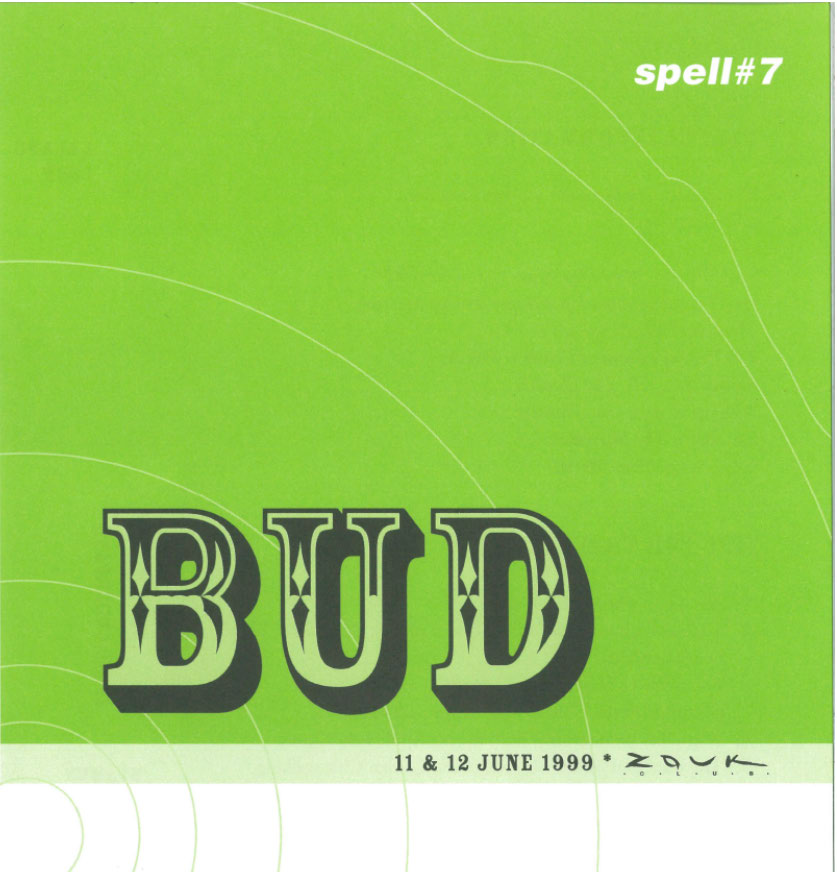 Neon green background with four wavy thin lines drawn across in a semi-circle format with different sizes of spacing, and with the title "BUD" in bold, in grey and greenish tones.