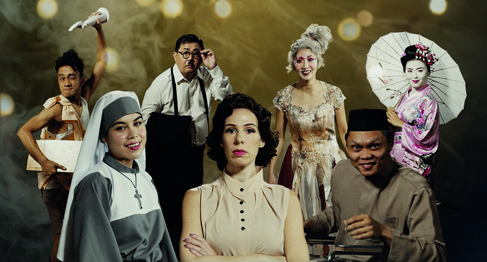 A set of seven characters from Four Horse Road in period clothing including a Catholic nun, a Geisha, an old Malay man and a bespectacled Chinese man in suspenders and a short moustache. 