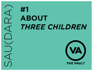 The words '#1 About Three Children' in black on a turquoise background.