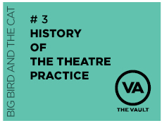 The words '#3 History of The Theatre Practice' in black on a turquoise background.