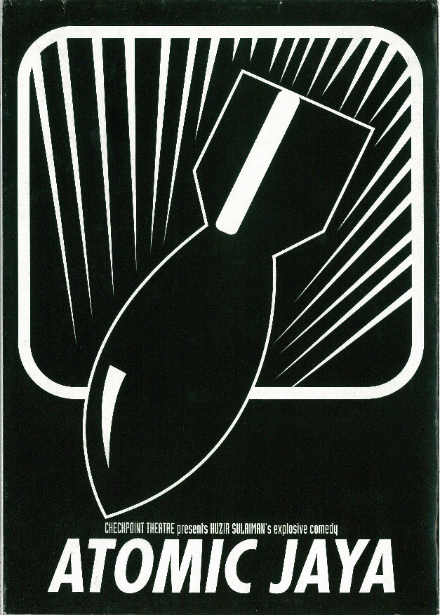 The programme of "Atomic Jaya" is black and white, with an white outline of a singular graphic nuclear weapon bomb facing downwards and the title bolded in white.  