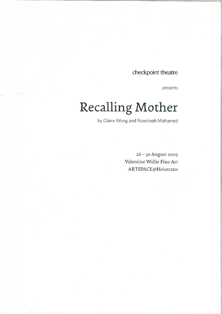 The programme of "Recalling Mother" is minimalistic, featuring no images but just the title and details in black against a stark white background. 