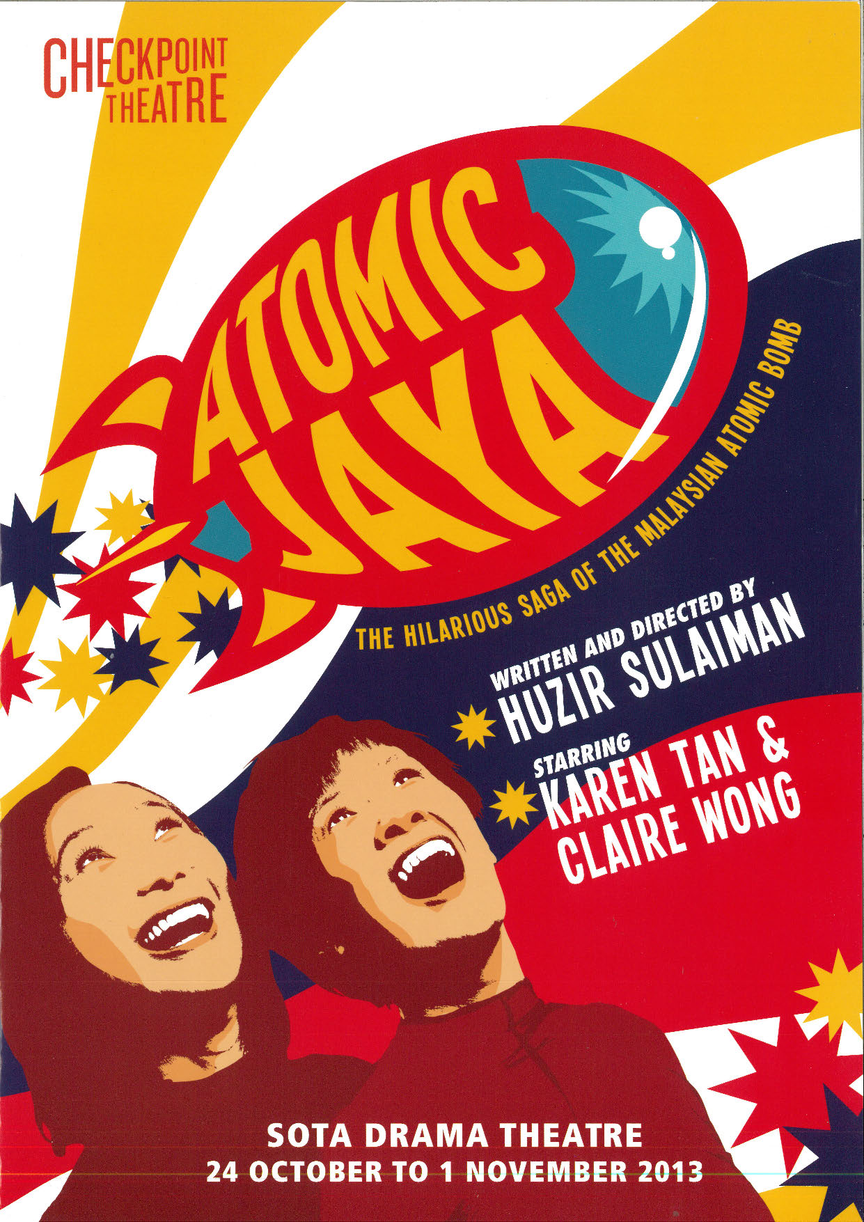 The programme is a riot of primary colours in a pop art style. It features two people at the bottom left of the programme, mouths agape, staring at a floating cartoon nuclear bomb emblazoned with the title on its body. 