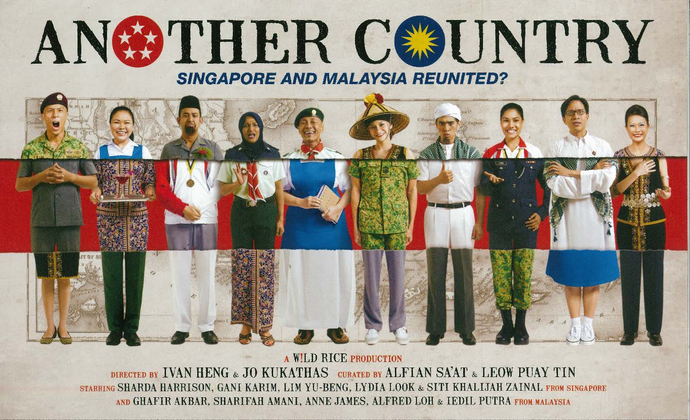 The flyer has a light khaki background with 10 figures dressed in different outfits standing in front of a boxed up image of a map. A red banner in the middle covers the body of the figures, showing the different outfits on the figures in contrast. The title appears at the top, with the logos of Singapore and Malaysia replacing the "O" alphabets respectively. The text "Singapore and Malaysia Reunited?" appears in italics and blue font below the title.