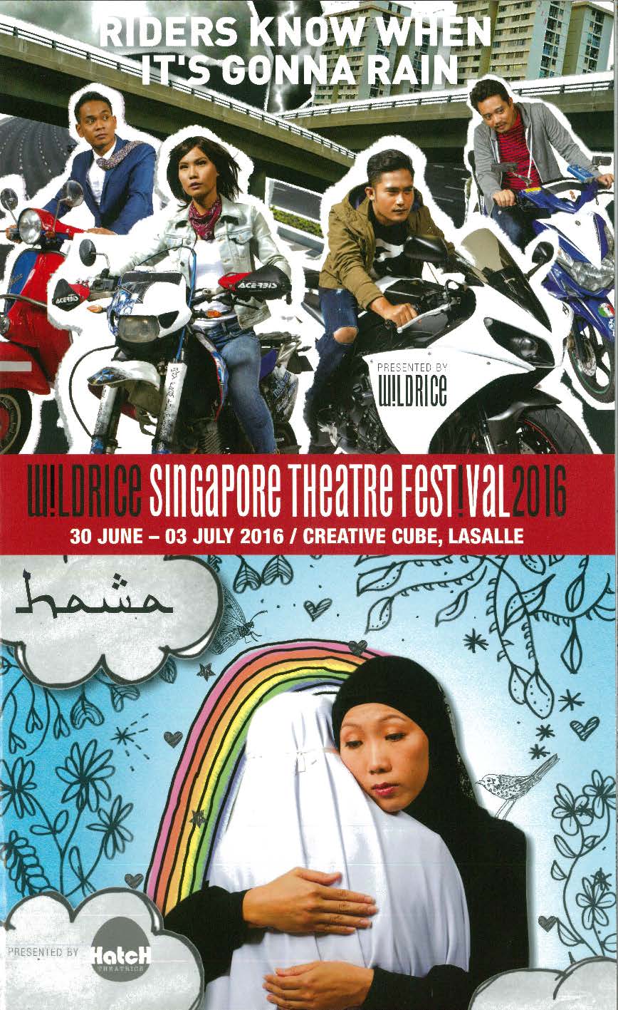 The programme has two separate images. On the top, 4 bikers are riding motorbikes against the background of HDB flats, train railways and roads. At the bottom, the face of a female figure wearing a black hijab is visible, and is hugging another figure wearing a white hijab against a sky blue background patterned with doodles.