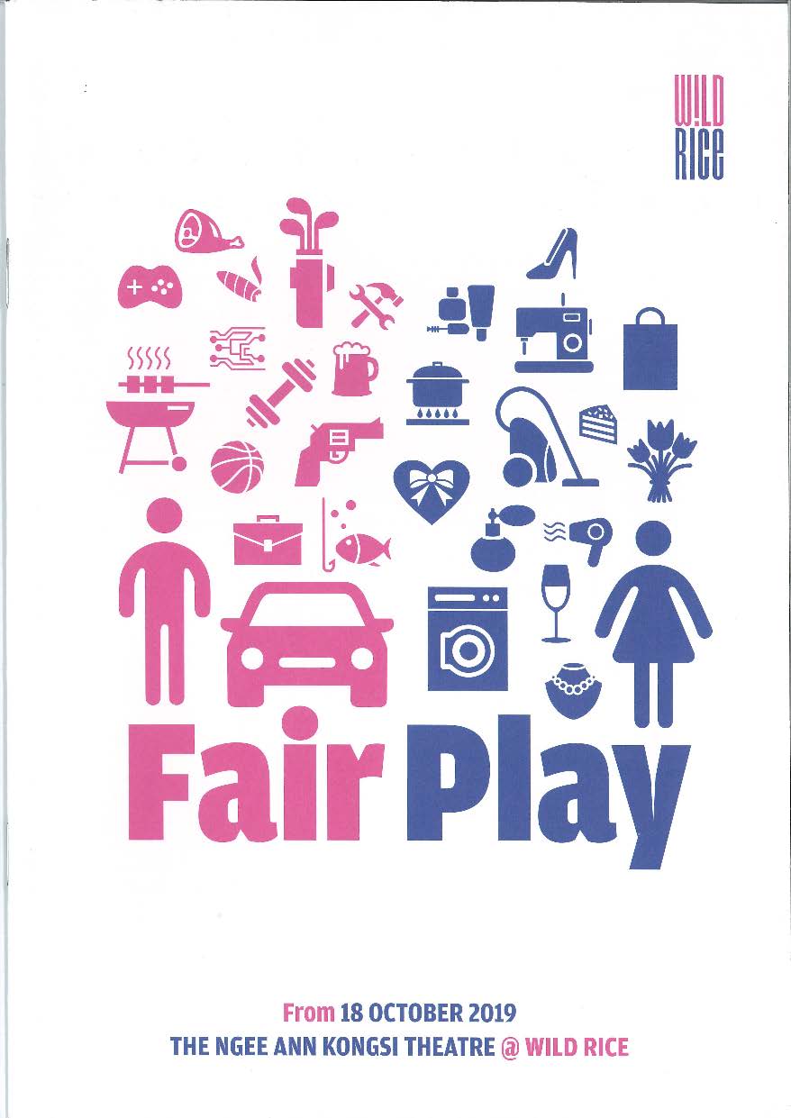 The words 'Fair Play' on a white background. 'Fair' is in pink; above it is the symbol of a male figure surrounded by symbols representing stereotypically masculine activities. 'Play' is in blue; above it is the symbol of a female figure surrounded by symbols representing stereotypically feminine activities.