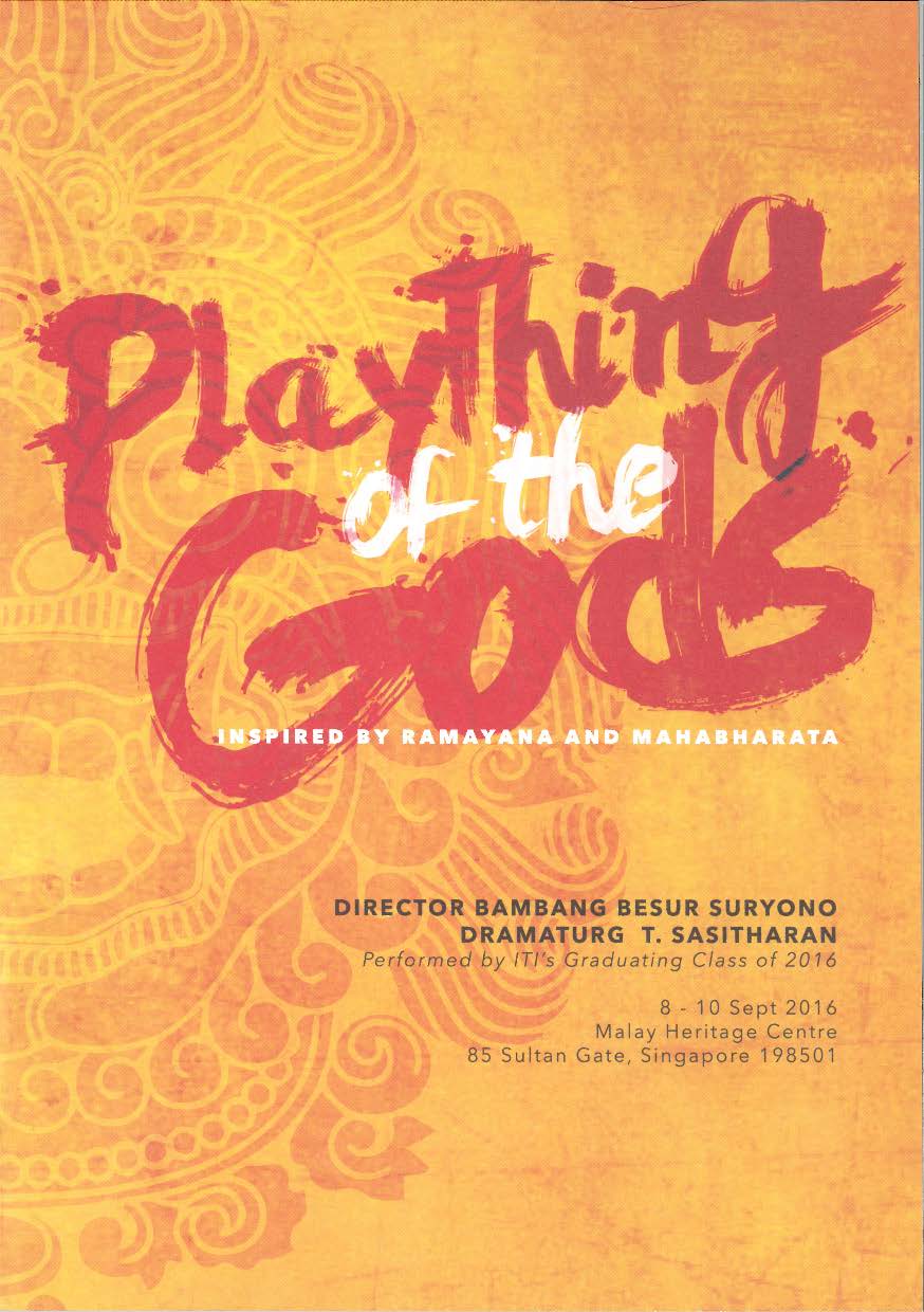 The programme features the production title written with a brush in red and white, set against a orange and yellow background with a figure of an elaborate mask.