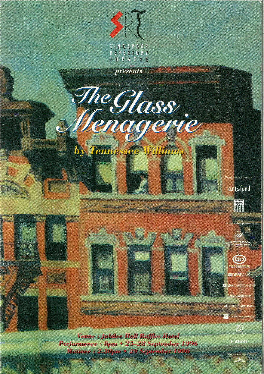 The programme features a painting of the exterior of an orange townhouse, complete with two rows of four windows each. Overlayed near the top are the words 'The Glass Menagerie' in white font.