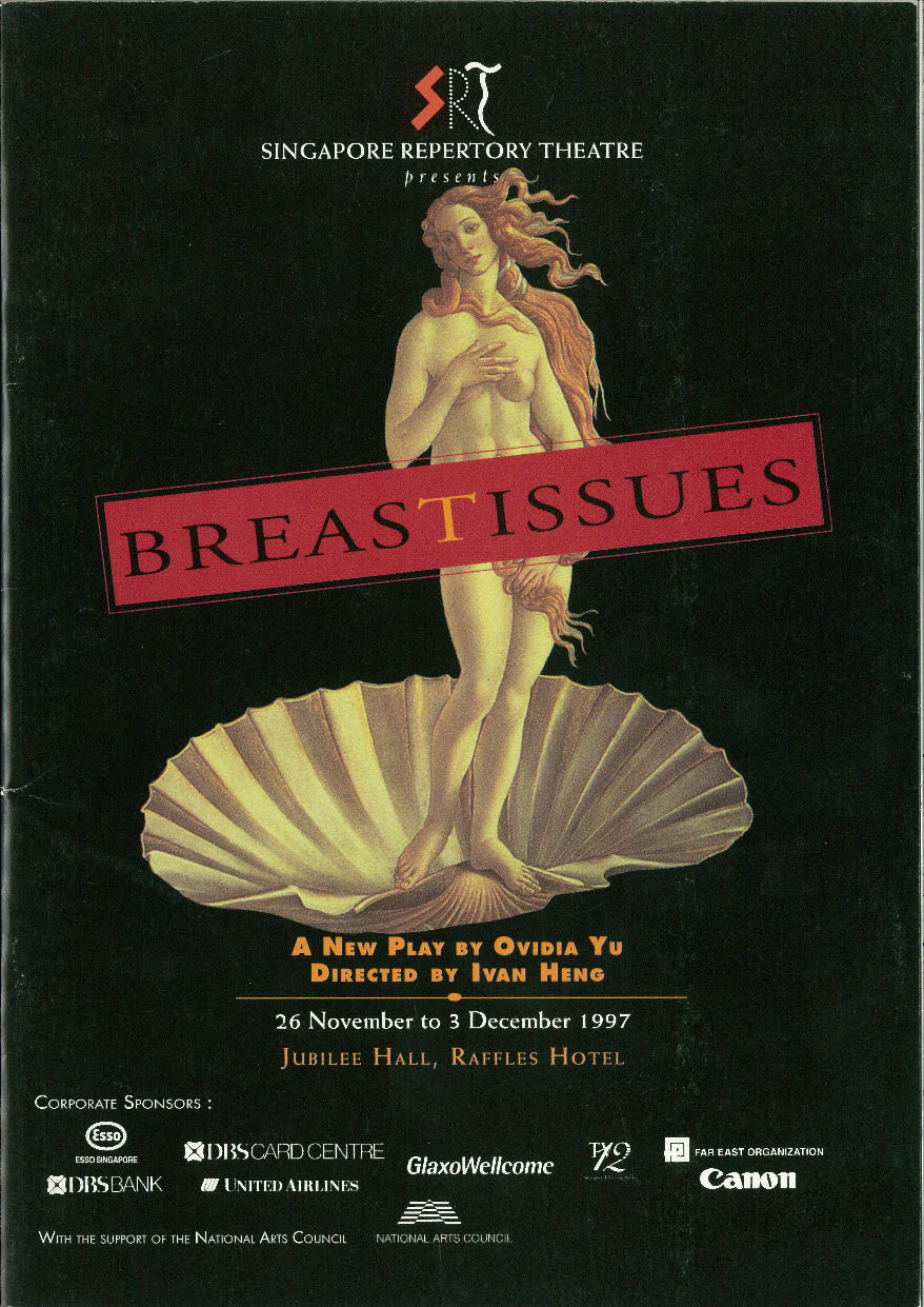 The programme features an image of the Venus de Milo, with a long red rectangle diagonally over her lower half. On the rectangle is the word 'BREASTISSUES' in black font, with the 'T' in orange. Below the image is more information about the production.