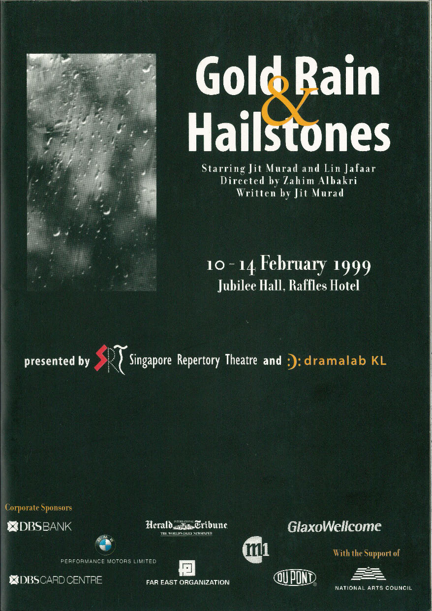 The programme features an image of a rain-streaked window in the top left corner. To the right are the words 'Gold Rain & Hailstones' against a black background. Below is more information about the production.