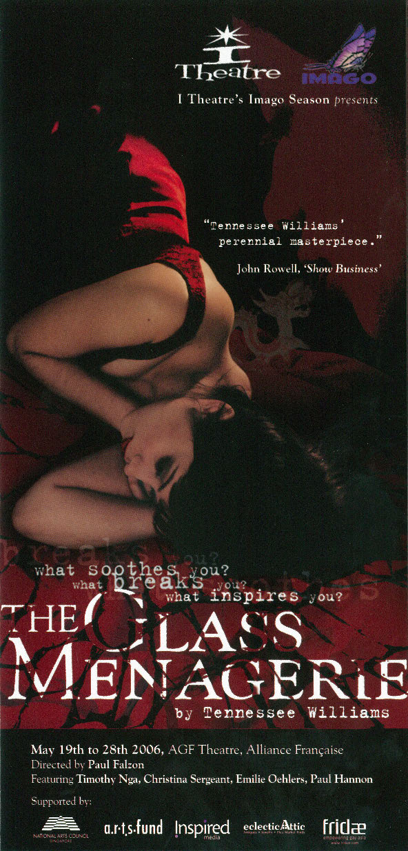 The brochure features a dark-haired woman in a red dress, sleeping. The production title is at the bottom, with the lettering in broken glass. 