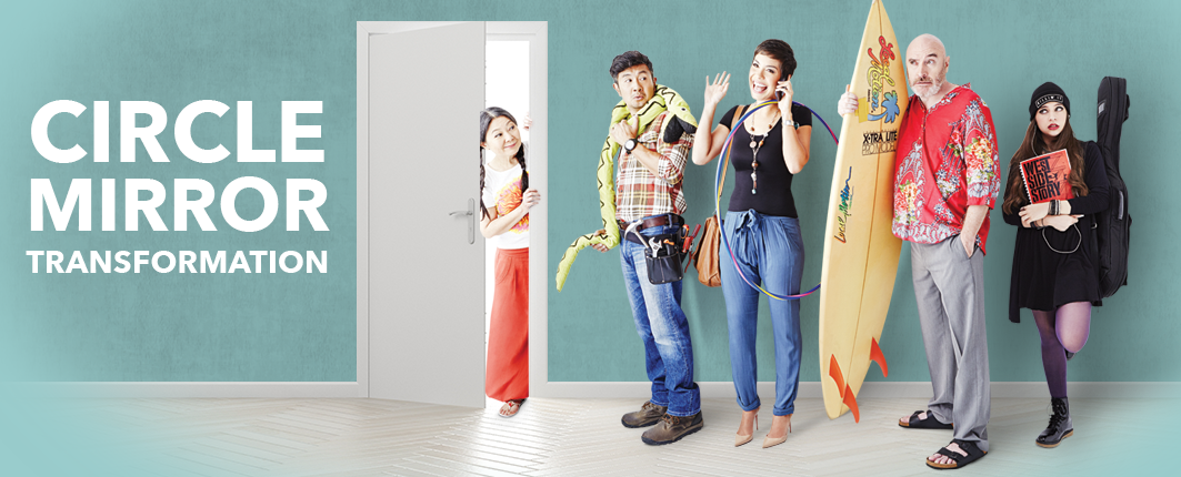 A corridor with four people lined up in front of a white door. The first is a man in a checkered shirt with a stuffed snake around his neck, a lady in a black shirt and her hand waving, holding a hula hoop, a bald man in a loud red shirt holding a canoe, and a girl in all black with an instrument case. Peeking out the door is a lady with braided hair wearing white and red.