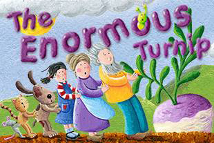 the picture features a cartoon family pulling a large turnip from the ground, with the production title in purple above them.