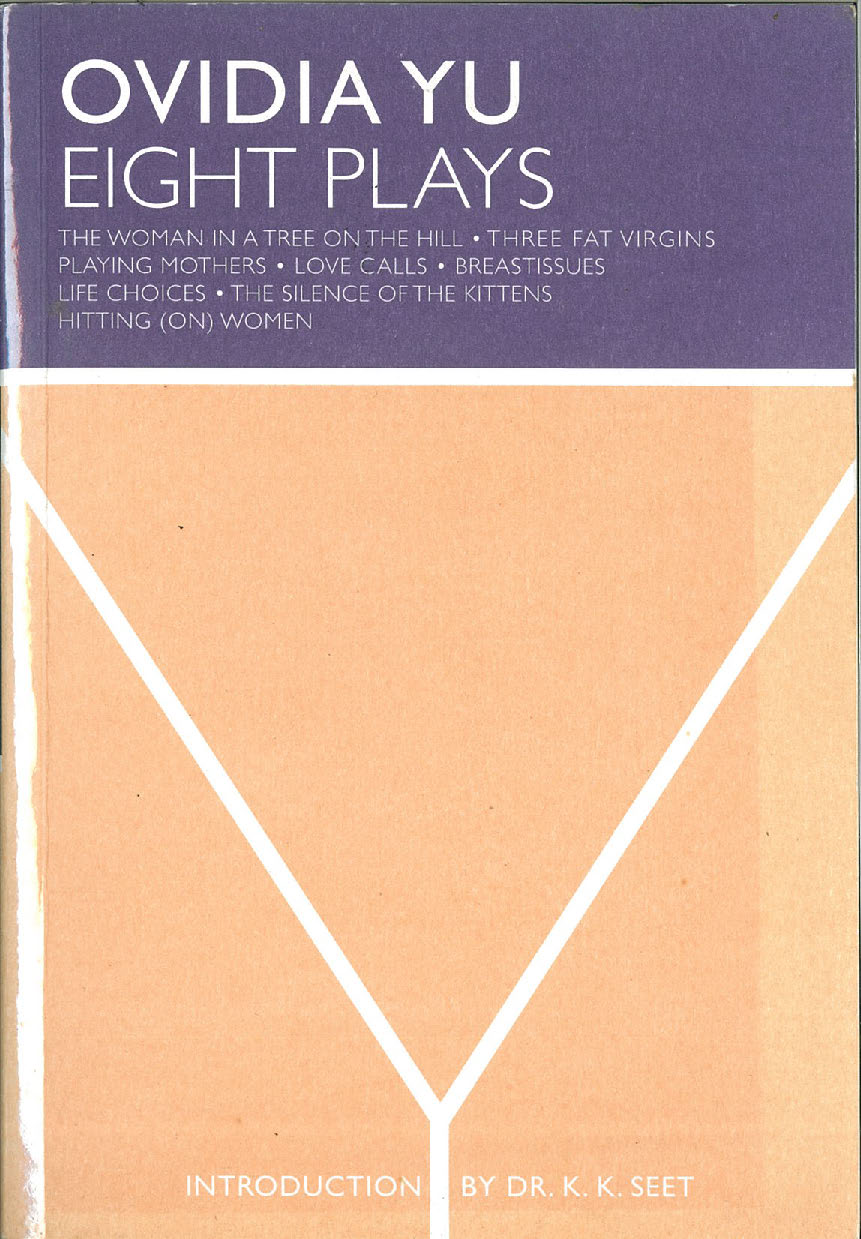 The publication features an upside-down triangle against a pale orange background. Extending from the tip of the triangle is a straight white line. Above is a purple rectangle with the words 'Ovidia Yu: Eight Plays' in white font.