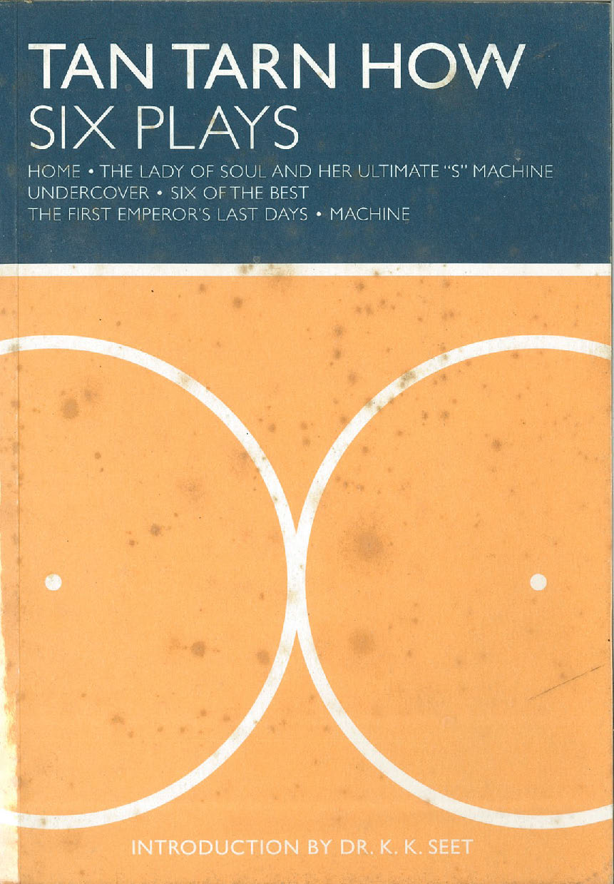 The publication features two large circles, side by side, with a white dot in the centre of each one, against an orange background. Above is a blue rectangle with the words 'Tan Tarn How: Six Plays' in white font.