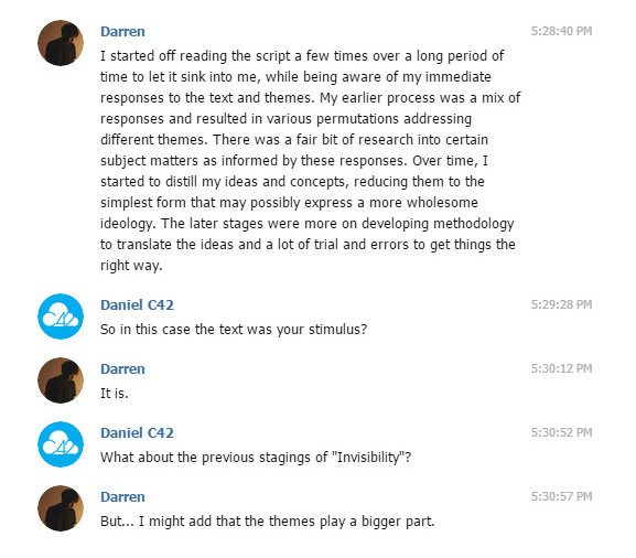 This shows a series of messages exchanged between Centre 42 and Darren Ng on Telegram