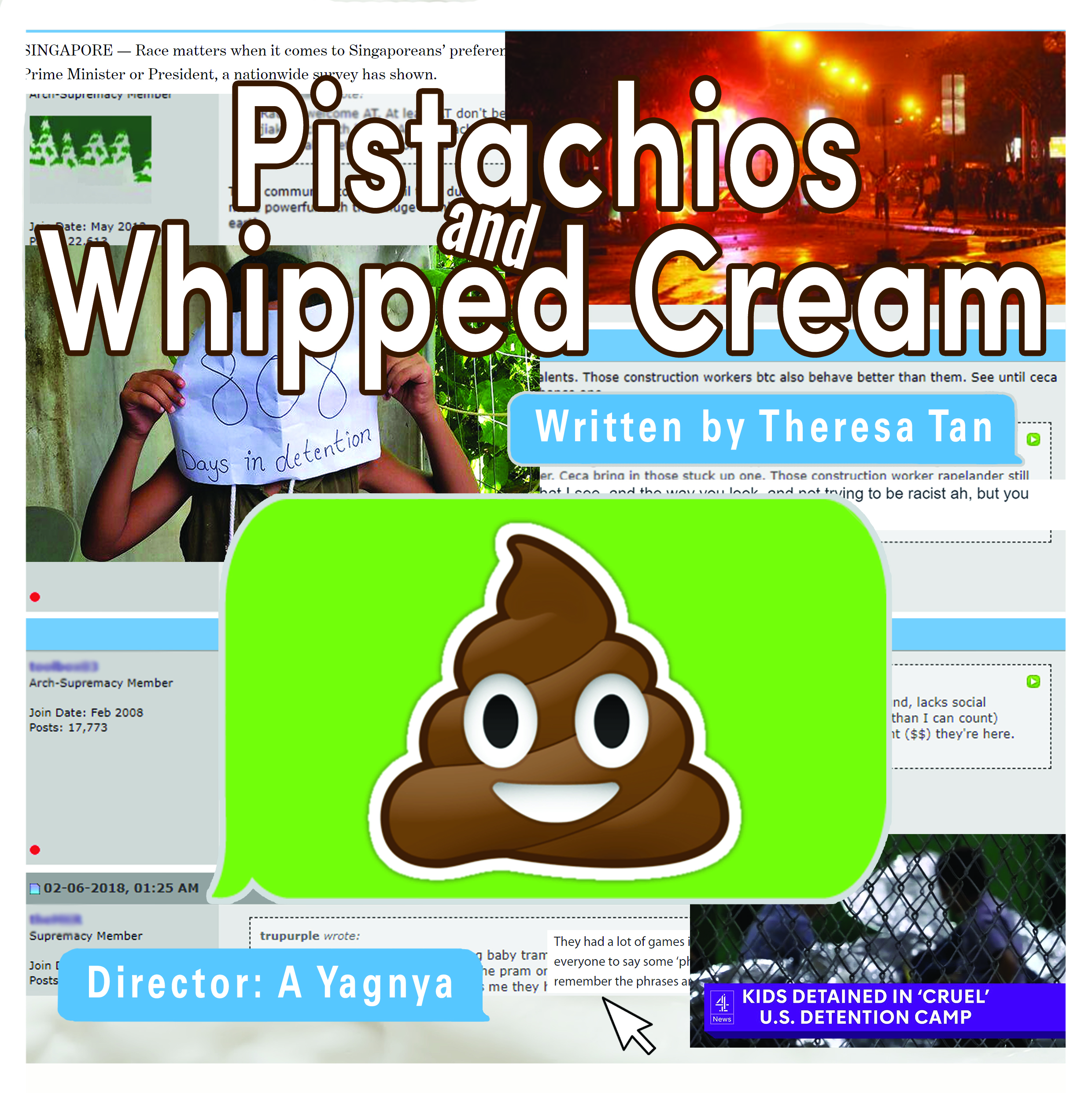 On top of a four-picture collage of screenshots of news and blog posts, lies a poop emoji in a neon green chat bubble. The title appears above it in white font and a brown outline.