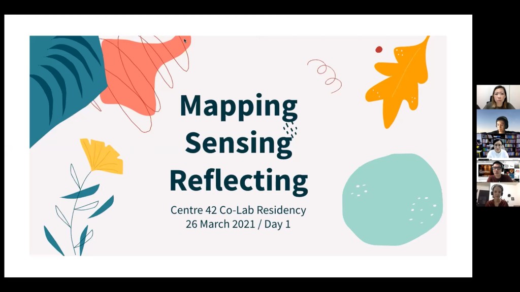 A Zoom presentation, with the participants in a column on the right. The screen-share features a colourful slide with the title, 'Mapping Sensing Reflecting', in dark blue font, centred in the middle of slide.