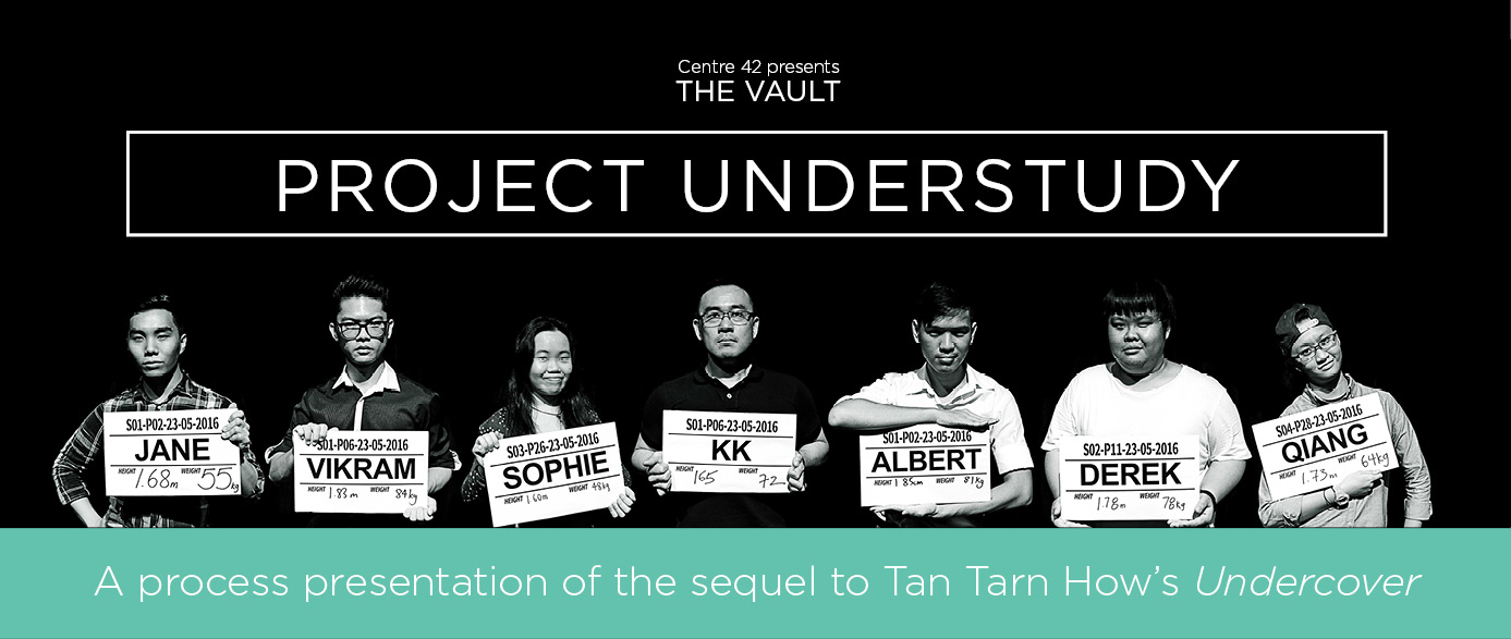 The black and white banner for The Vault: Project Understudy, where seven people are holding signs of their character names.