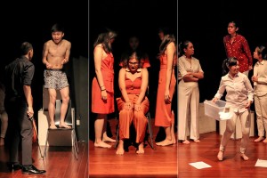 A collage of three vertical images side by side. The first features two persons, one standing on a chair and the other looking up at him; the second features two persons in red dresses staring down at another in a red outfit sitting on a chair; and the last features three persons in white shirts and pants, two looking up at a person in a red top who is standing on a white box.