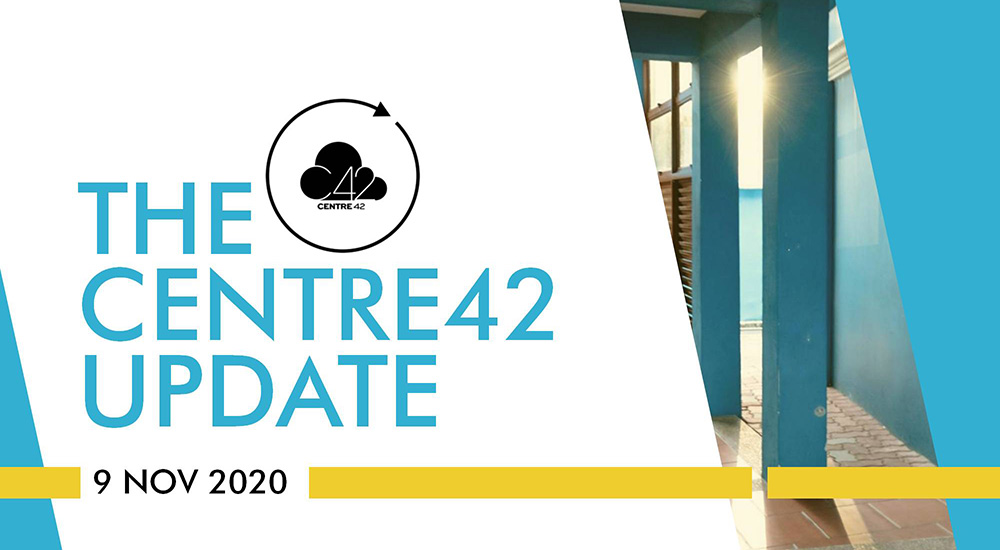 A horizontal banner, with an image of 42 Waterloo Street in the background. Overlayed on the image is a white rhombus with the words 'The Centre 42 Update' in light blue font, and the Centre 42 logo.