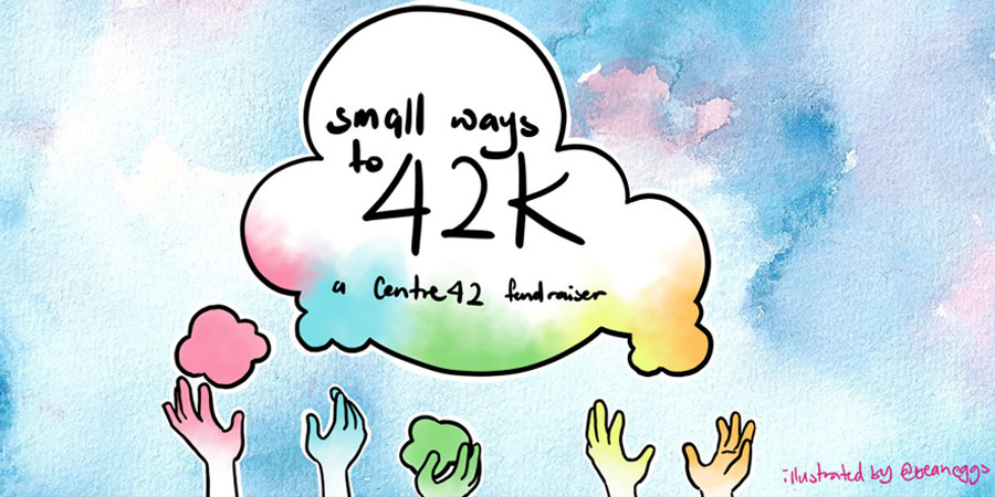 A watercolour-style drawing of a cloud with the words 'small ways to 42k' in black font. Below are several hands reaching up towards the cloud, against a pale blue and white background.