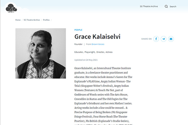 A Person Profile page on the C42 Archive of Singapore Theatre, featuring information about Grace Kalaiselvi.