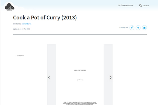 A Unpublished Script page on the C42 Archive for Singapore Theatre, featuring Alfian Sa'at's 'Cook A Pot of Curry'.