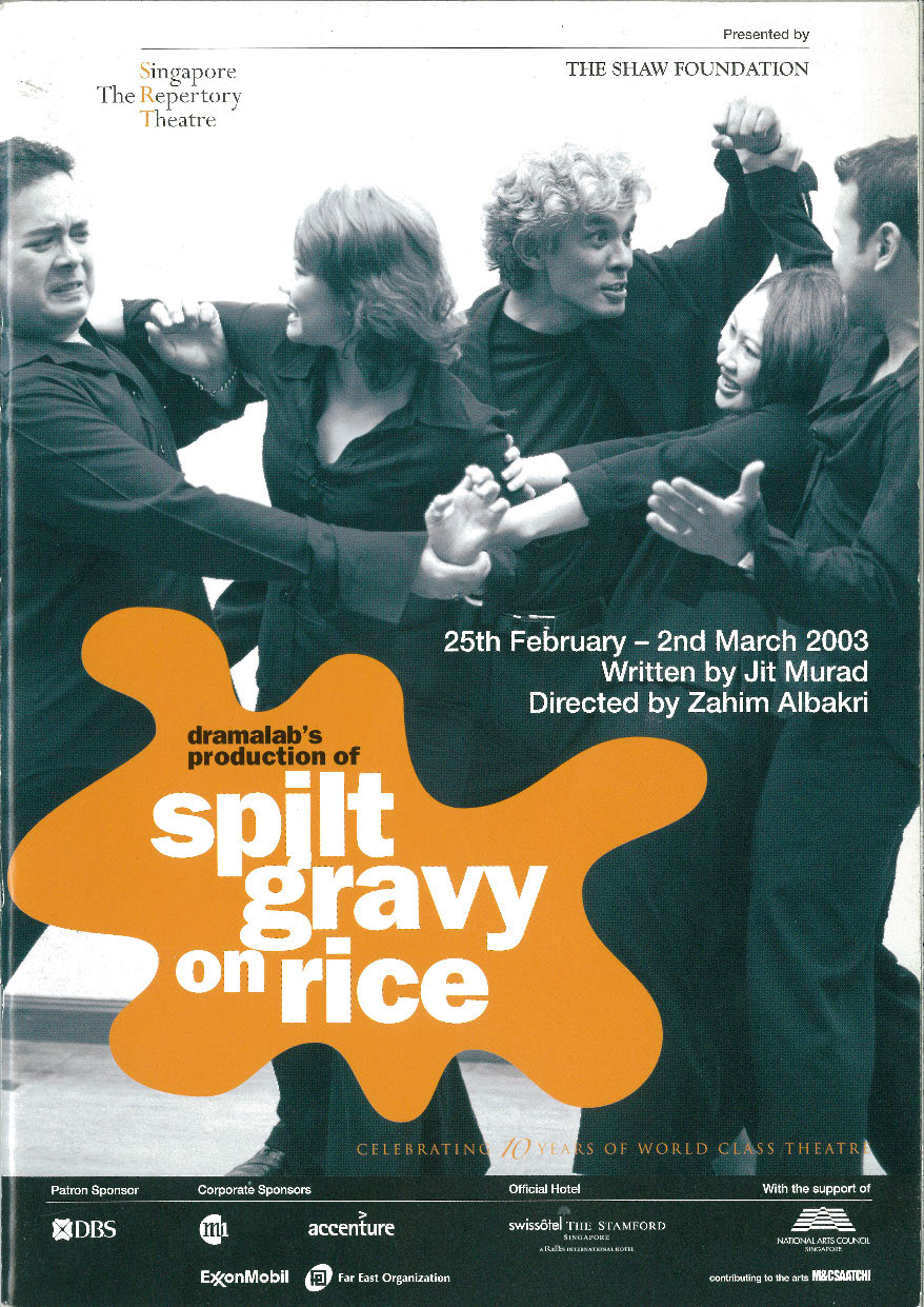 The programme cover features 5 people in a jovial tussle all dressed in black dress shirts and pants. An orange splash with white title text graphic overlays on lower left hand side of programme. 