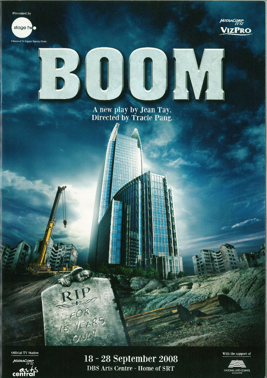 The programme cover depicts a post apocalyptic scene with a crisp and unharmed standing high rise, accompanied by the production title in off white text.