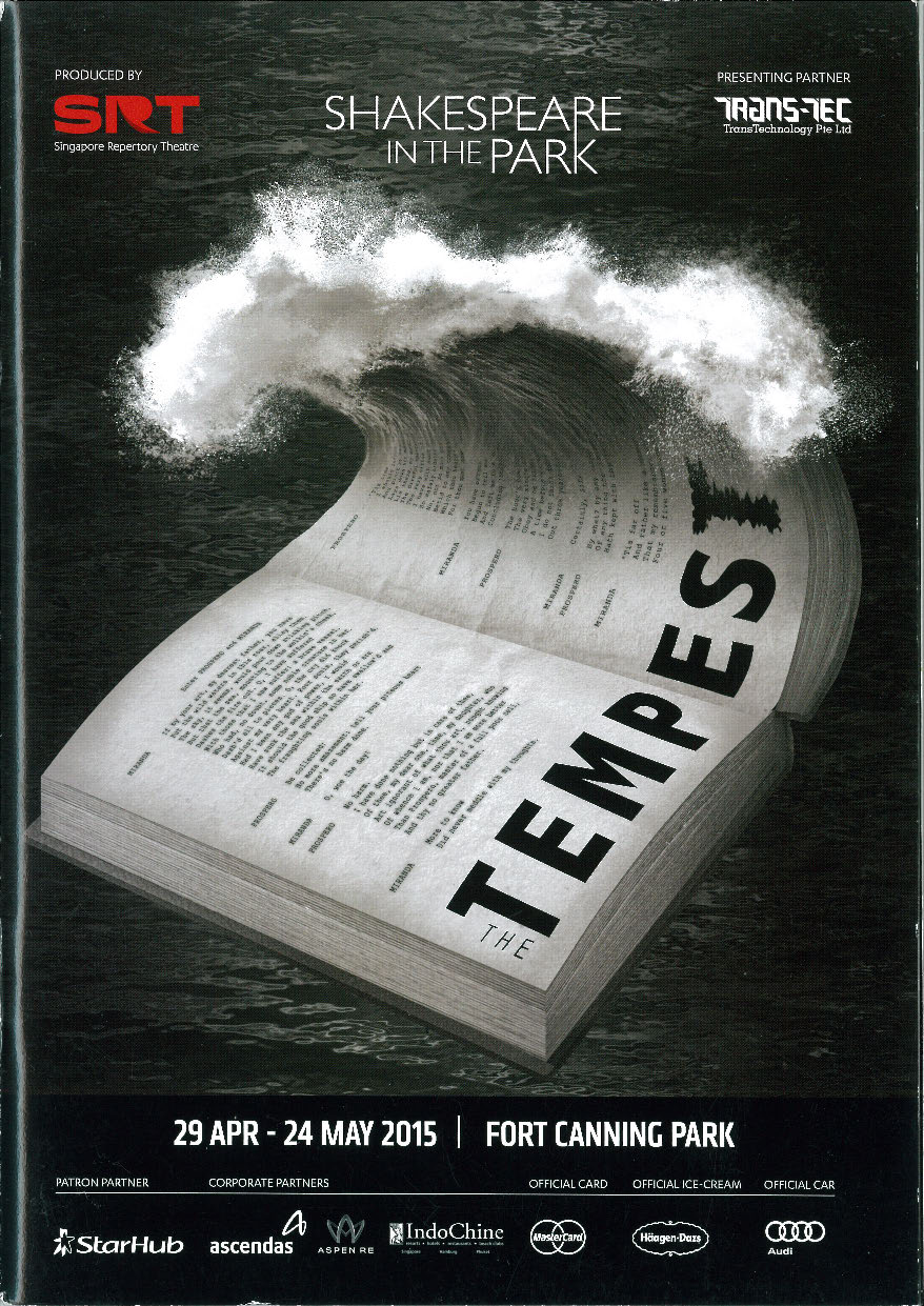 The programme cover feature a thick hard-cover book of a script with its right side merging into an ocean wave. The production title in black text is on the book visual.