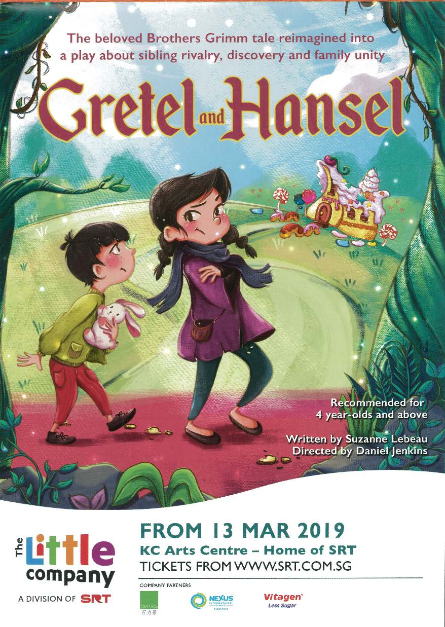 The programme cover features an older sister and younger brother duo in a forest with a candy house, and the production title overlays on a mystical in red text.