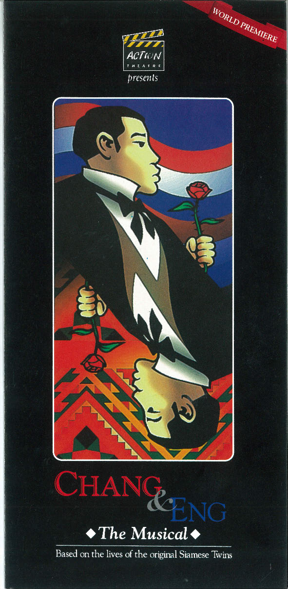 The brochure cover features 2 male figures reflecting each other in a rectangle box, alike a poker card. The production title overlays on a black background in red, white and blue text.