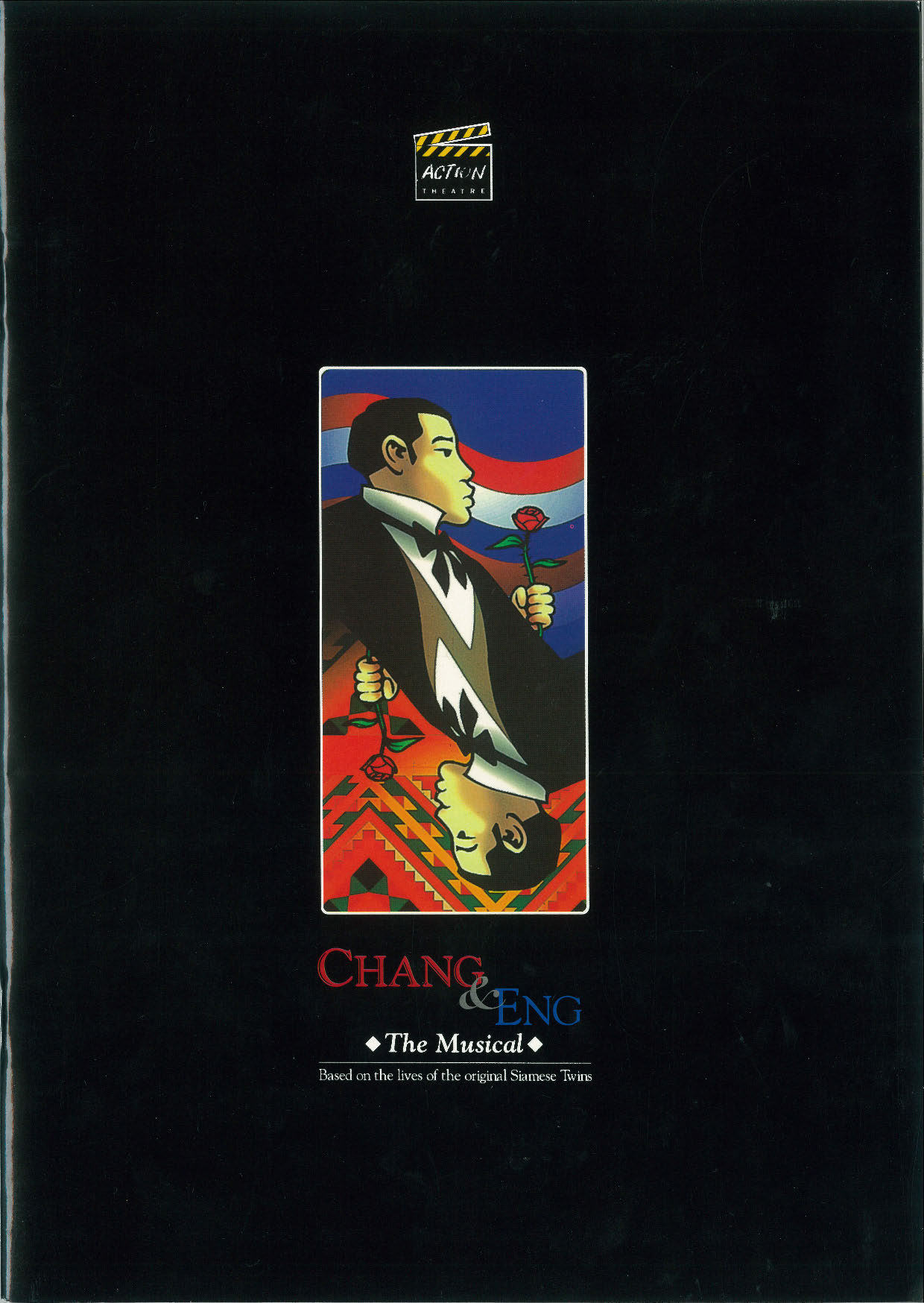 The programme cover features 2 male figures reflecting each other in a rectangle box, alike a poker card.