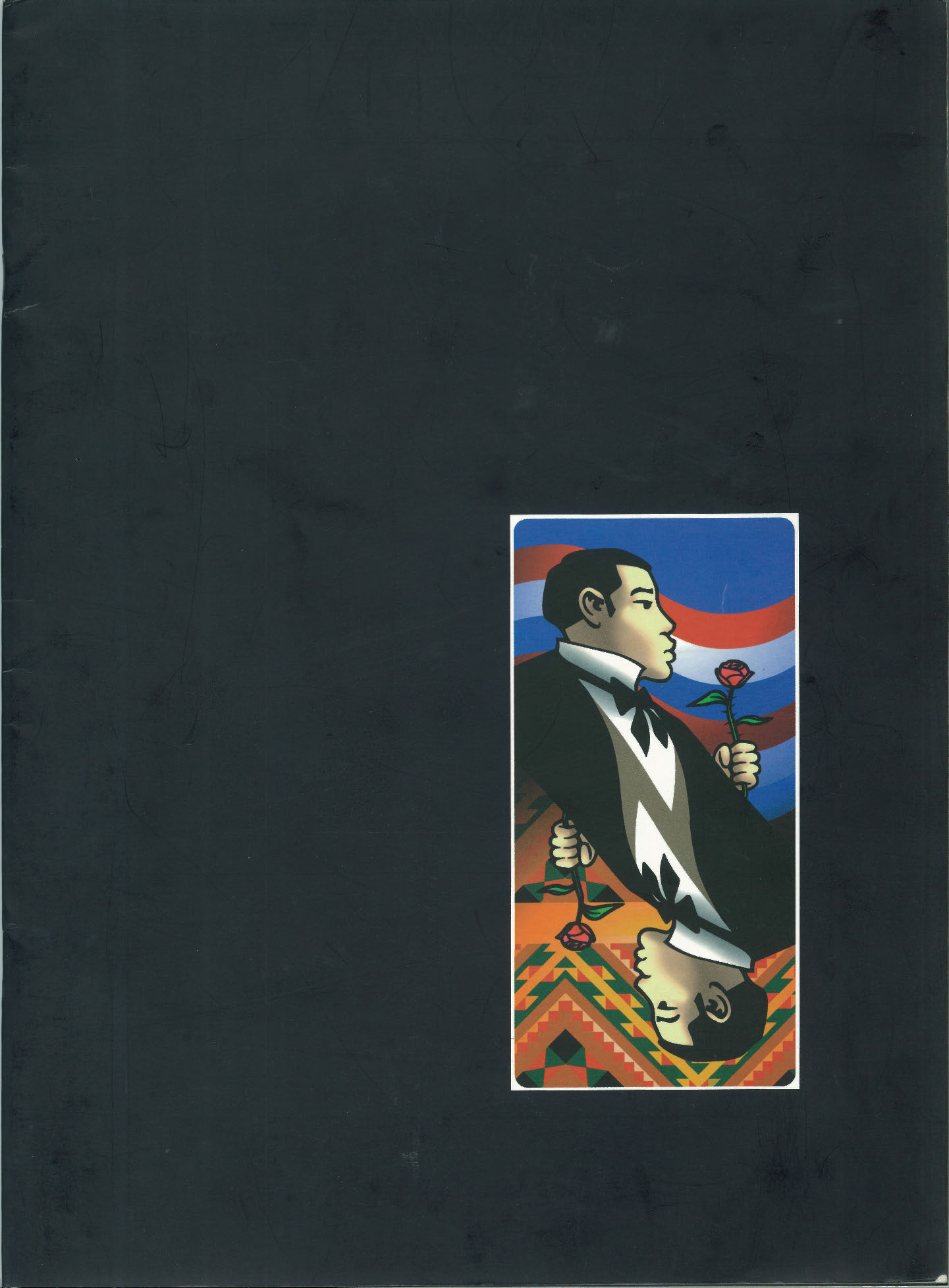 The programme cover features 2 male figures reflecting each other in a rectangle box, alike a poker card. on a black background