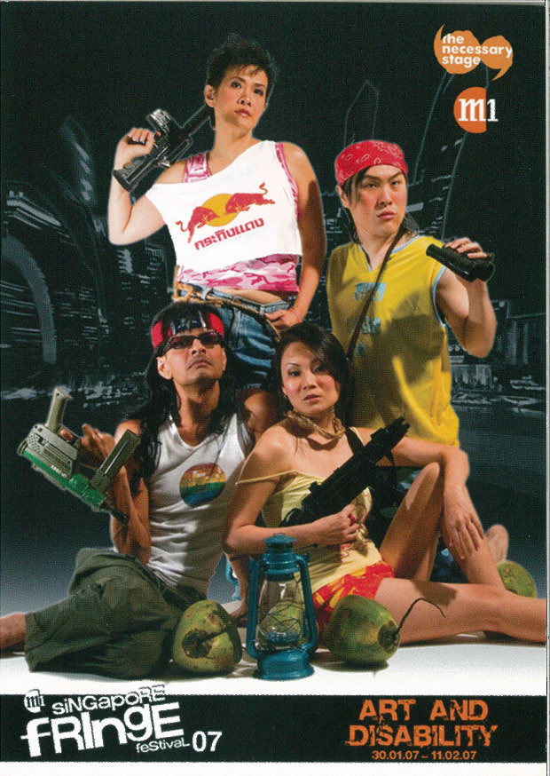 The postcard cover features 4 individuals in summer outfits posed candidly yet fiercely with guns and rifles in their hands.