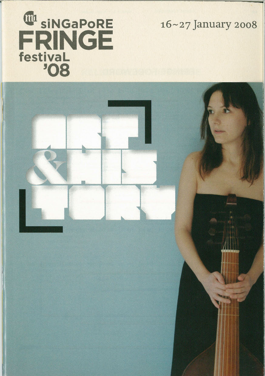 The programme cover features a female figure in a black bandeau dress holding onto a cello, on a light blue background and white festival text. 