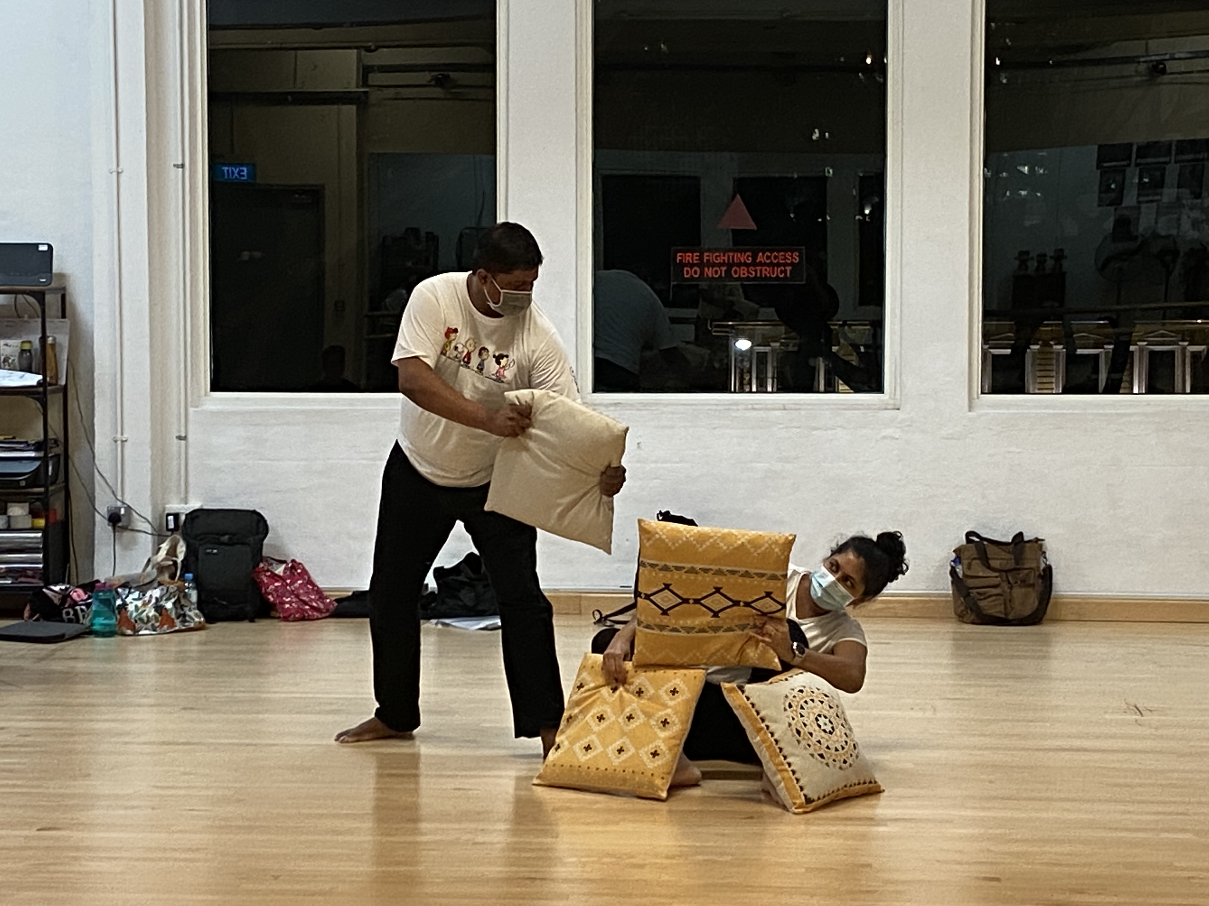 The photograph features a two woman, one holding a pillow and standing over the other hiding behind a bunch of pillows.