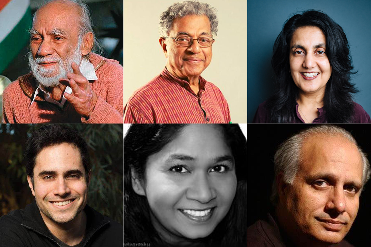 A collage of six profiles: Gurpreet Kaur Bhatti, Rajiv Joseph, Shahid Nadeem, Badal Sircar, Girish Karnad, Rani Moorthy