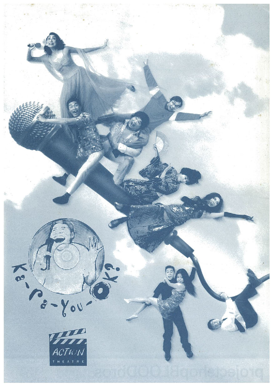 The programme cover features 9 individuals in mid air riding and hanging onto a giant microphone with the production title in dark blue.