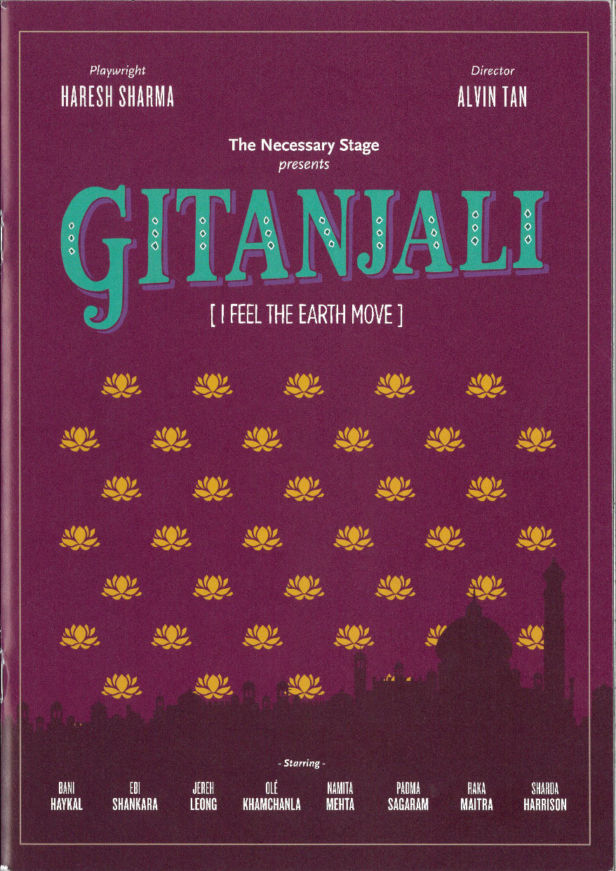 The programme features the silhouette of the Indian skyline against a purple background, patterned with yellow lotus flowers. Above the pattern is the word 'Gitanjali' in turquoise font.