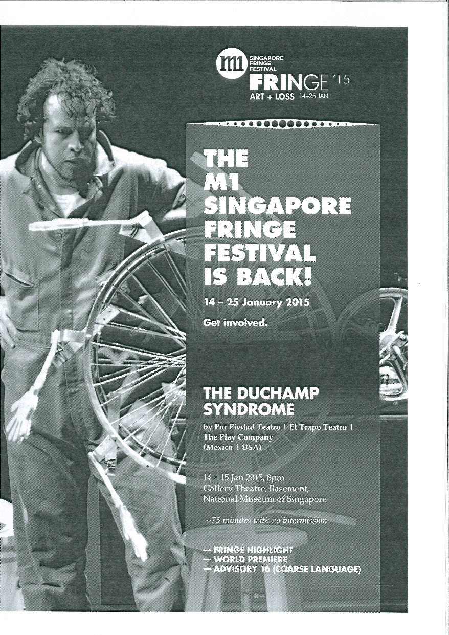 The programme features a black and white image of a person looking intensely at an upside-down bicycle with clappers extending out from it.