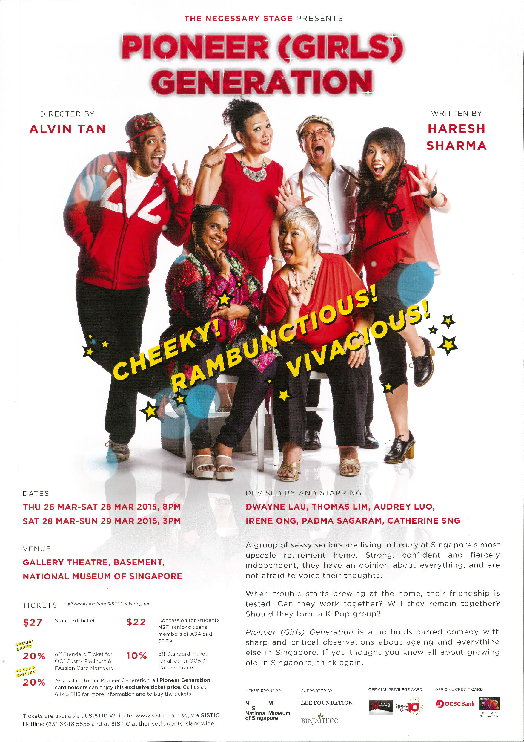 The flyer features six persons in red and white clothing, with the words 'Pioneer Girls Generation' in red font above them, and more information about the production below.