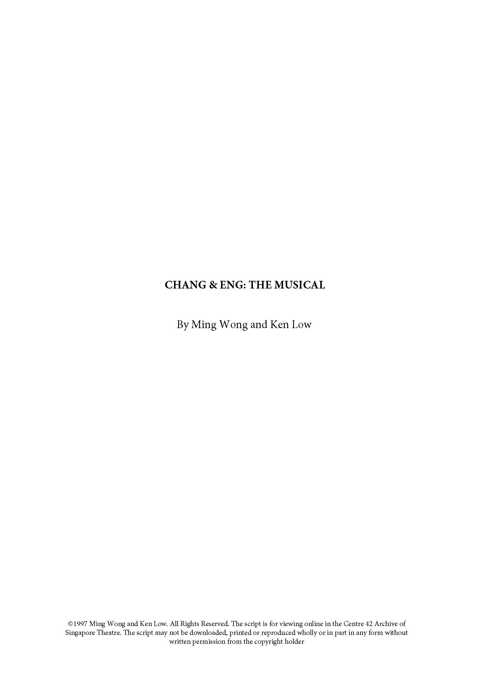 This is the first page of the script for Chang and Eng: The Musical